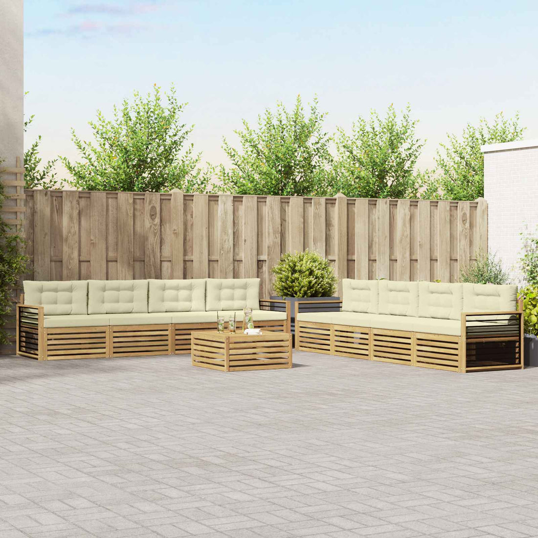 vidaXL Conjunto de sofás de exterior 9 uds. Blanco y Crema Poliéster