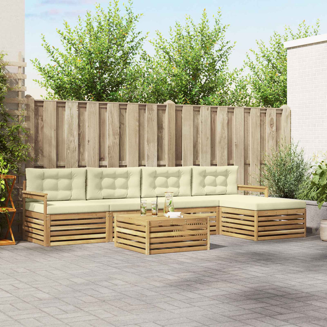 vidaXL Conjunto de sofás de exterior 7 uds. Blanco y Crema Poliéster