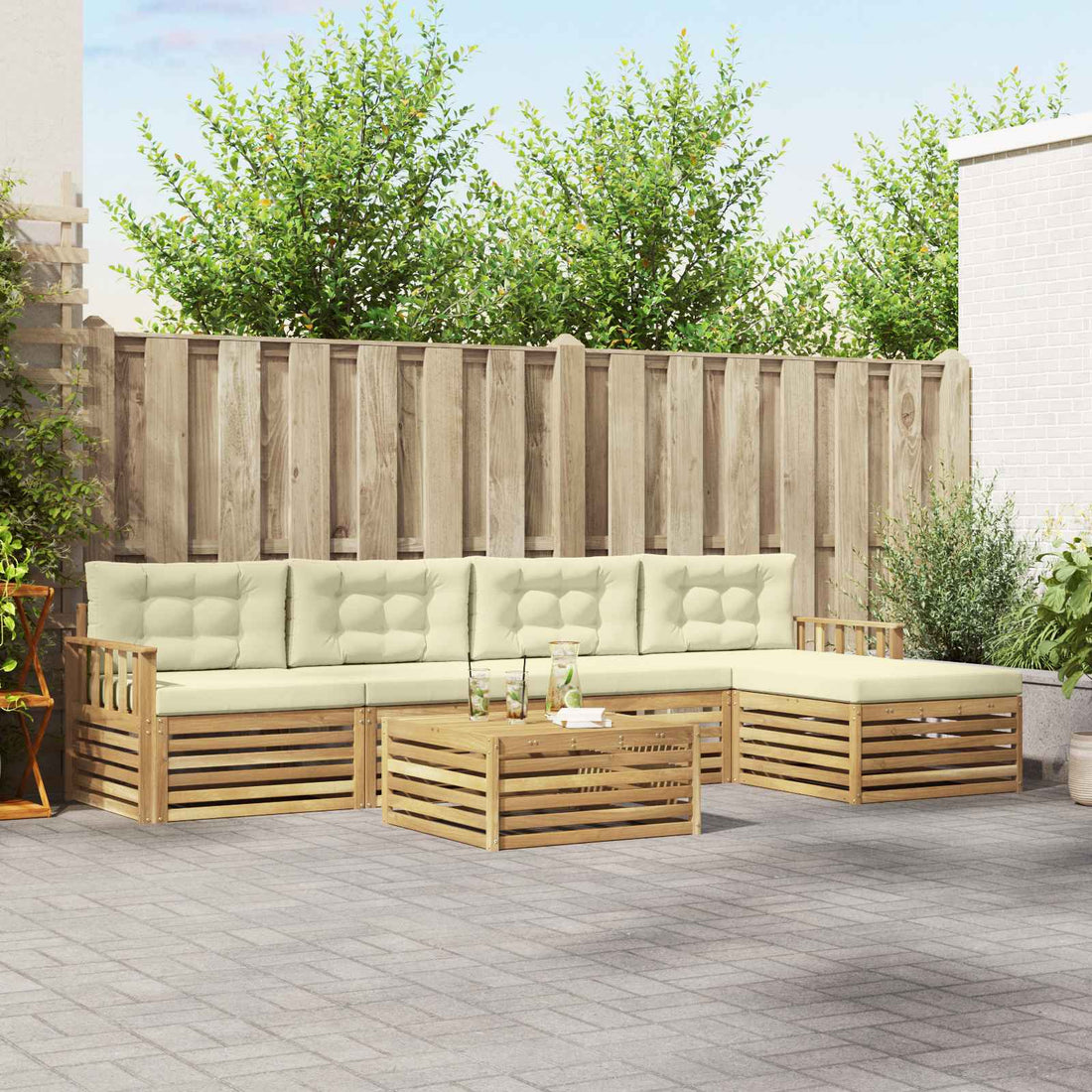 vidaXL Conjunto de sofás de exterior 7 uds. Blanco y Crema Poliéster