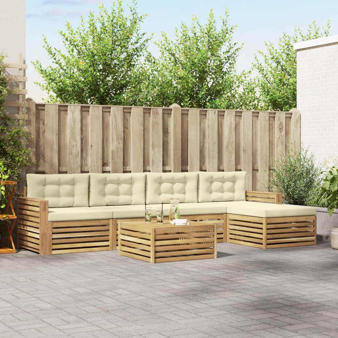 vidaXL Conjunto de sofás de exterior 6 uds. Blanco y Crema Poliéster