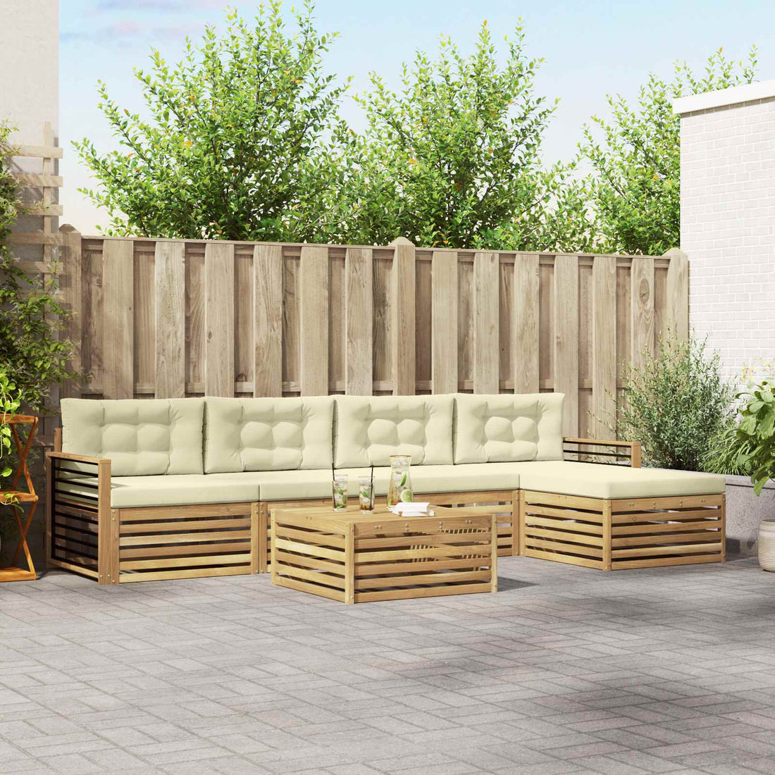 vidaXL Conjunto de sofás de exterior 7 uds. Blanco y Crema Poliéster