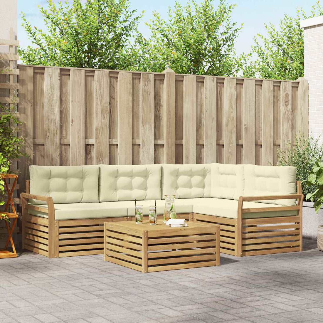 vidaXL Conjunto de sofás de exterior 5 uds. Blanco y Crema Poliéster