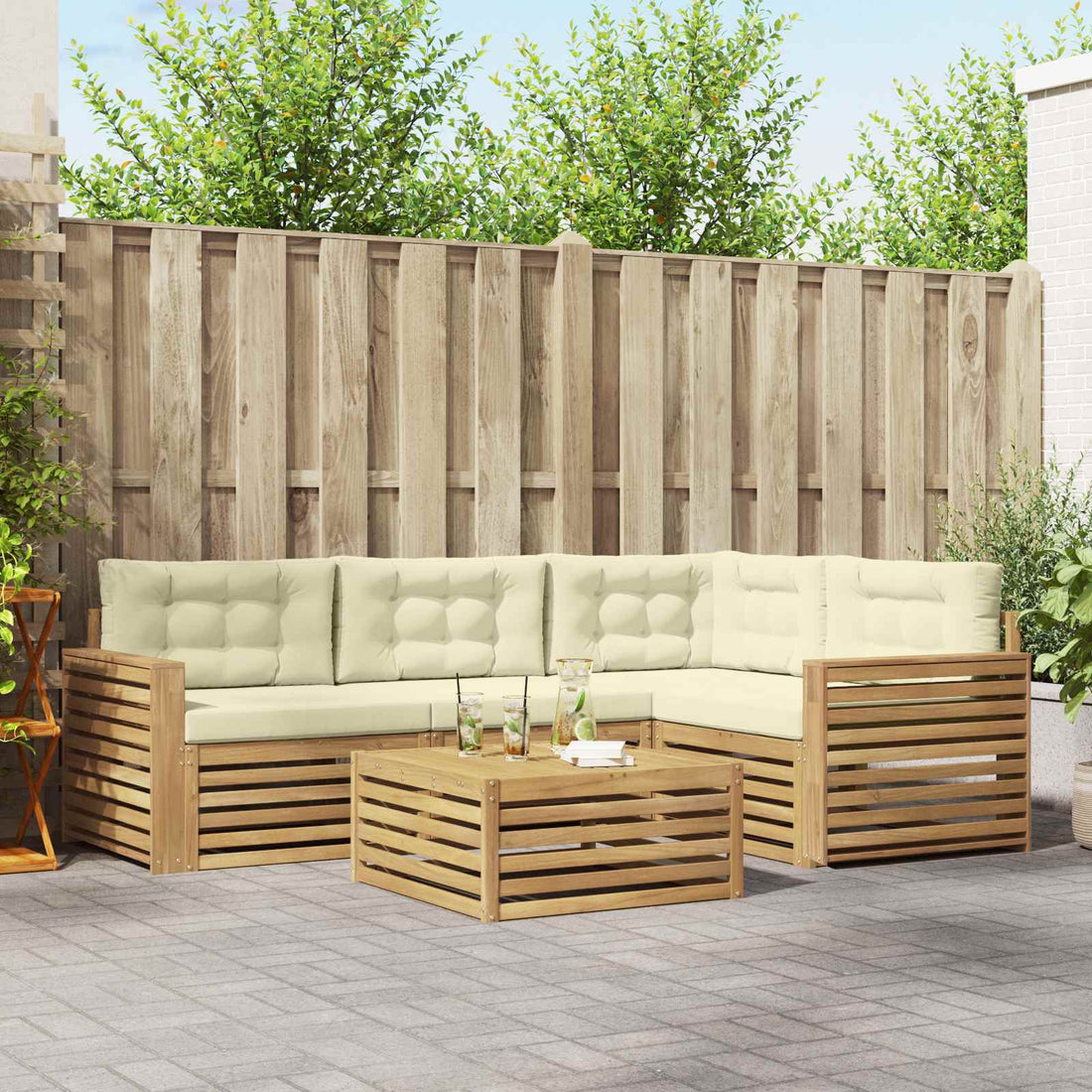 vidaXL Conjunto de sofás de exterior 5 uds. Blanco y Crema Poliéster