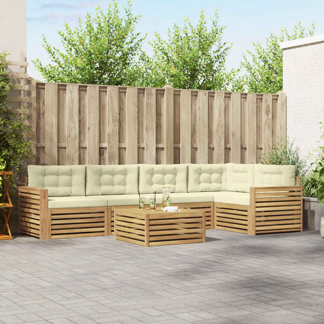 vidaXL Conjunto de sofás de exterior 6 uds. Blanco y Crema Poliéster