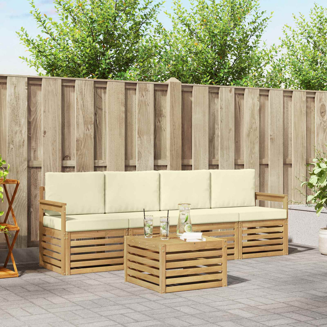 vidaXL Conjunto de sofás de exterior 5 uds. Blanco y Crema Poliéster