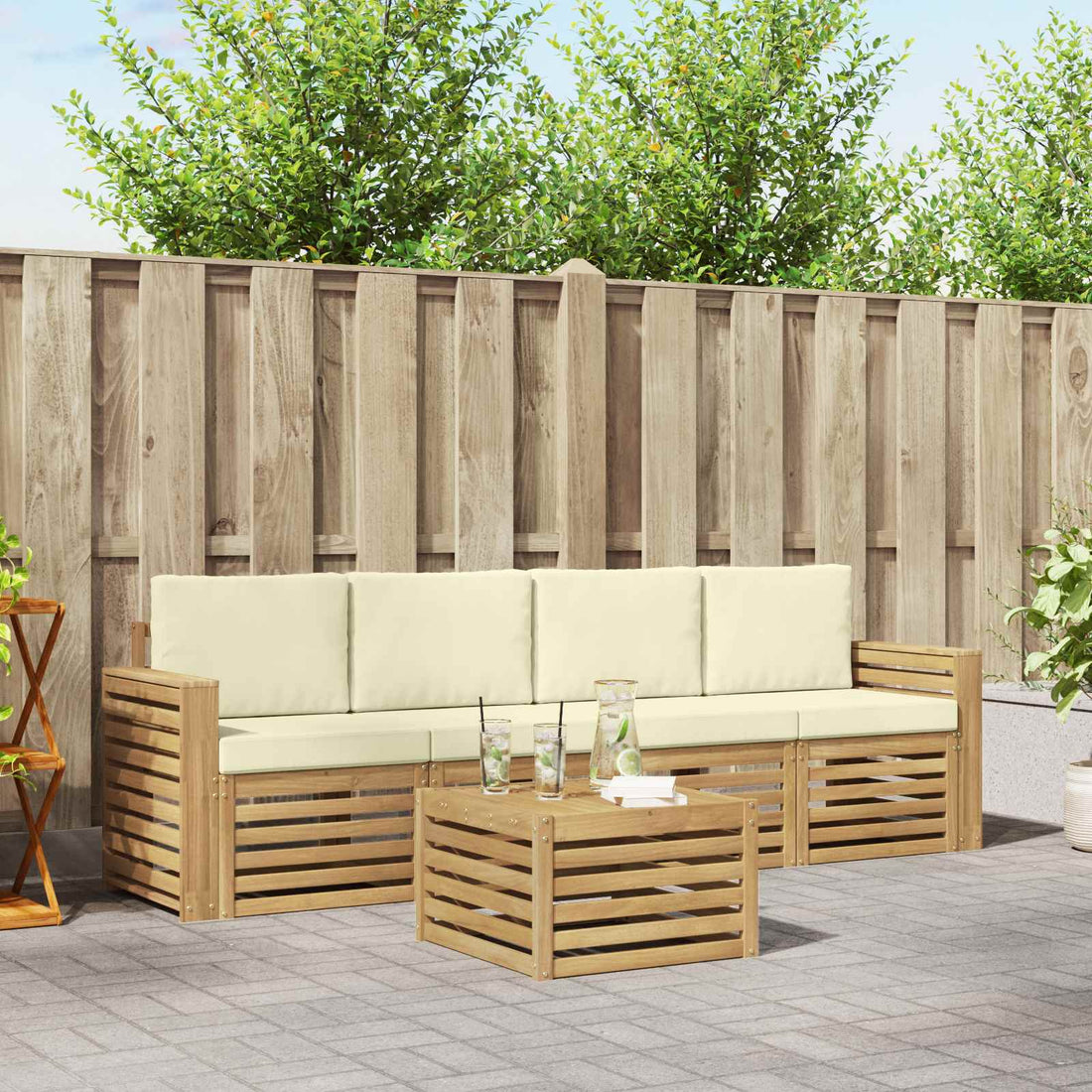 vidaXL Conjunto de sofás de exterior 5 uds. Blanco y Crema Poliéster