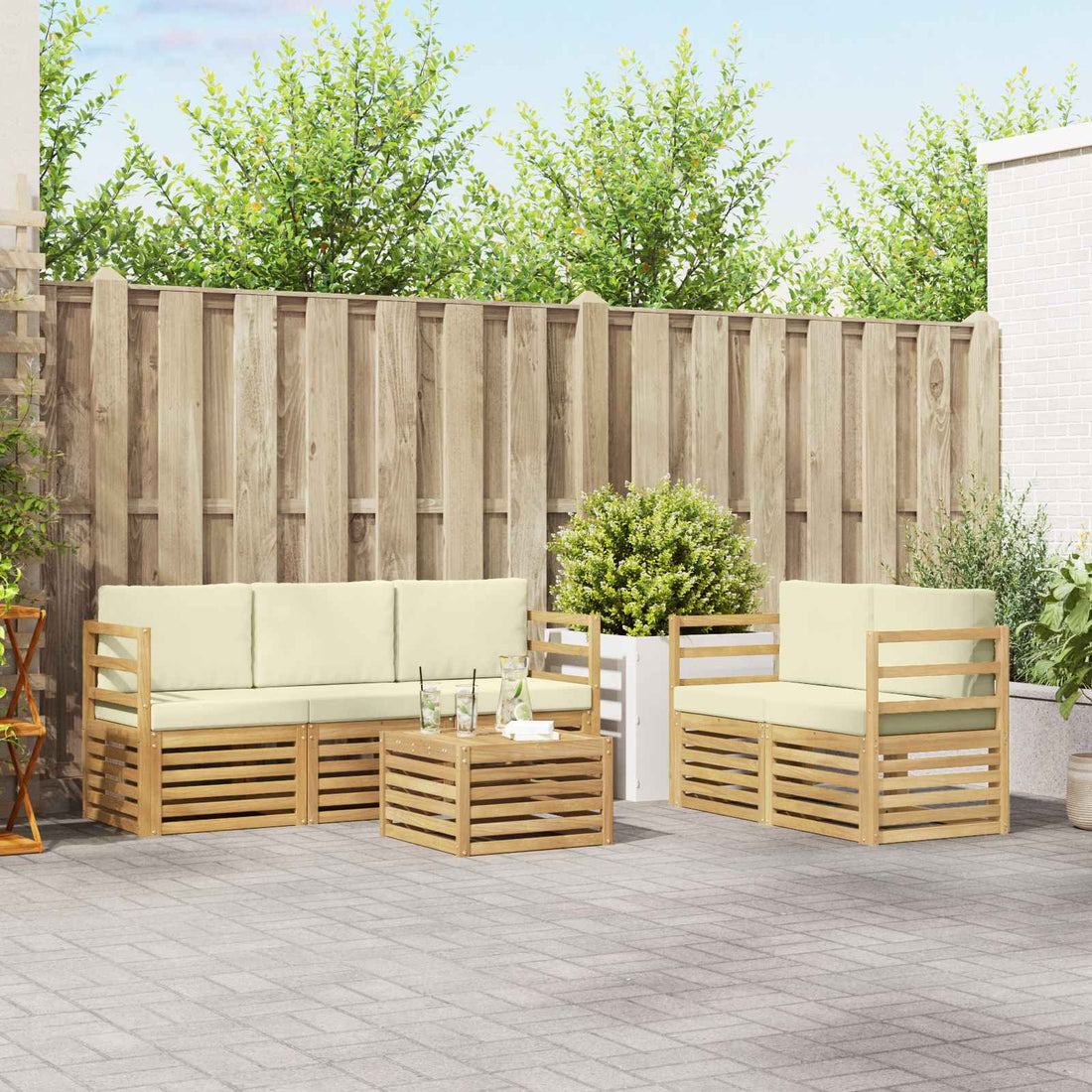 vidaXL Conjunto de sofás de exterior 6 uds. Blanco y Crema Poliéster