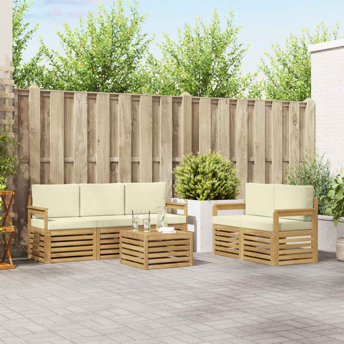 vidaXL Conjunto de sofás de exterior 6 uds. Blanco y Crema Poliéster
