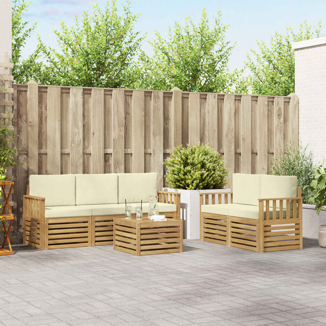 vidaXL Conjunto de sofás de exterior 6 uds. Blanco y Crema Poliéster