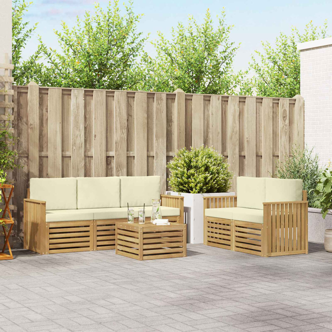vidaXL Conjunto de sofás de exterior 6 uds. Blanco y Crema Poliéster