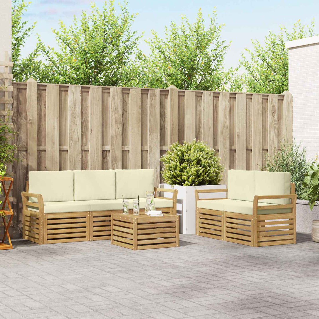 vidaXL Conjunto de sofás de exterior 6 uds. Blanco y Crema Poliéster