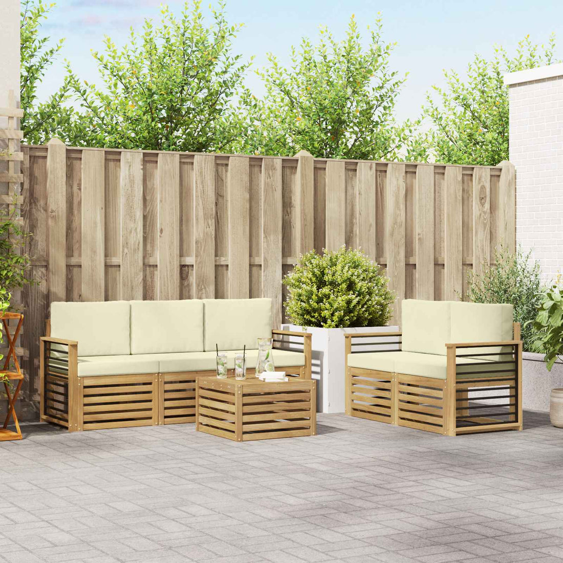 vidaXL Conjunto de sofás de exterior 6 uds. Blanco y Crema Poliéster