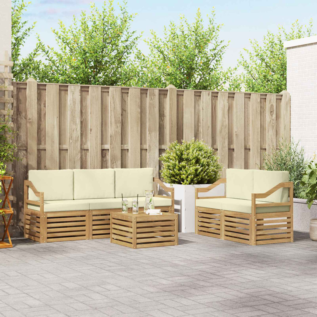 vidaXL Conjunto de sofás de exterior 6 uds. Blanco y Crema Poliéster