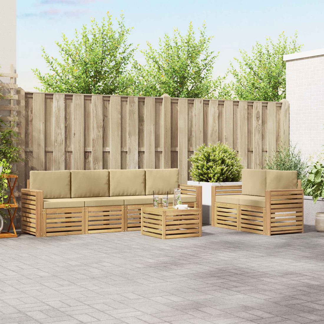 vidaXL Conjunto de sofás de exterior 7 uds. y Beige Poliéster