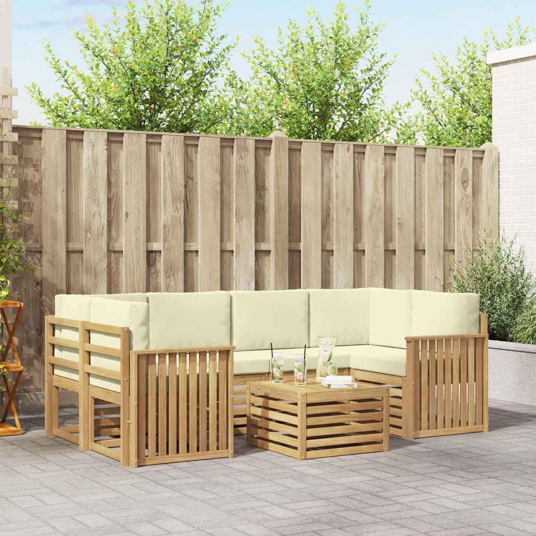 vidaXL Conjunto de sofás de exterior 7 uds. Blanco y Crema Poliéster