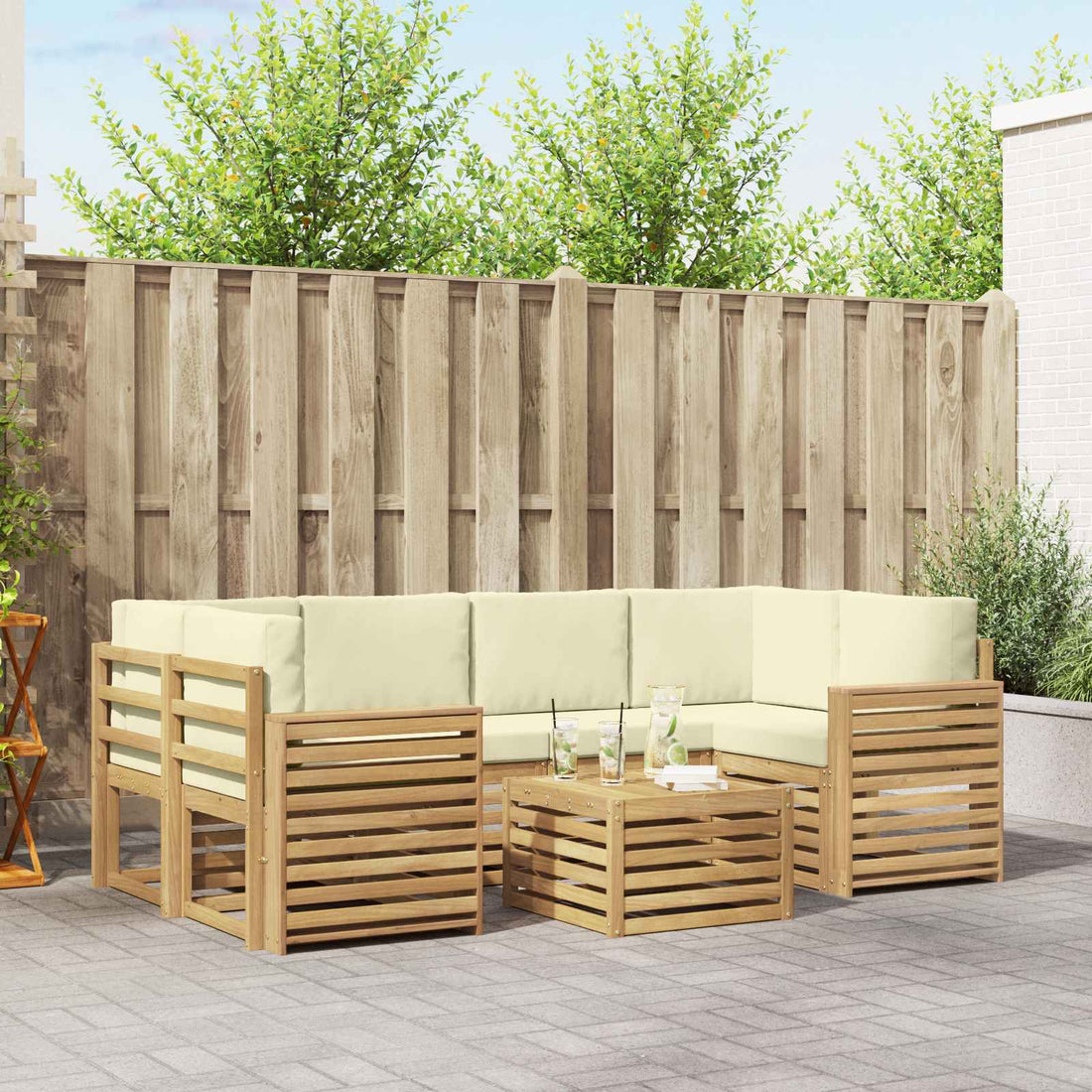 vidaXL Conjunto de sofás de exterior 7 uds. Blanco y Crema Poliéster