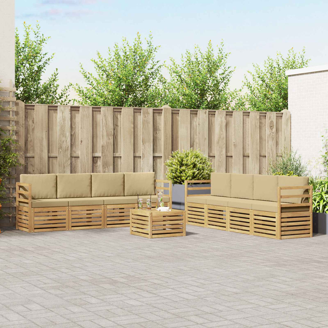 vidaXL Conjunto de sofás de exterior 9 uds. y Beige Poliéster
