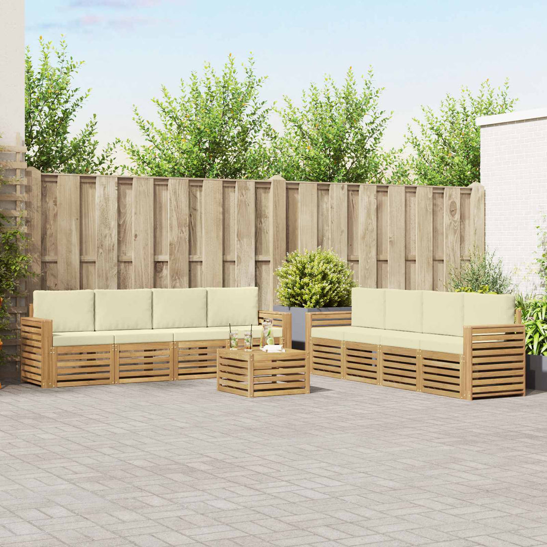vidaXL Conjunto de sofás de exterior 9 uds. Blanco y Crema Poliéster