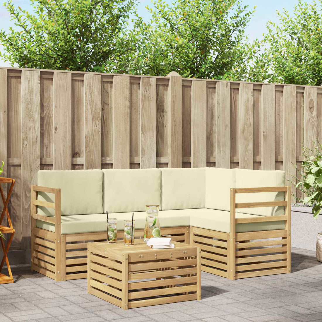 vidaXL Conjunto de sofás de exterior 5 uds. Blanco y Crema Poliéster