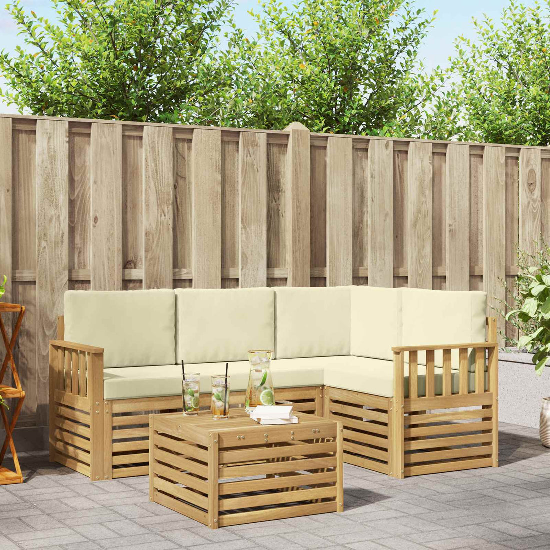 vidaXL Conjunto de sofás de exterior 5 uds. Blanco y Crema Poliéster