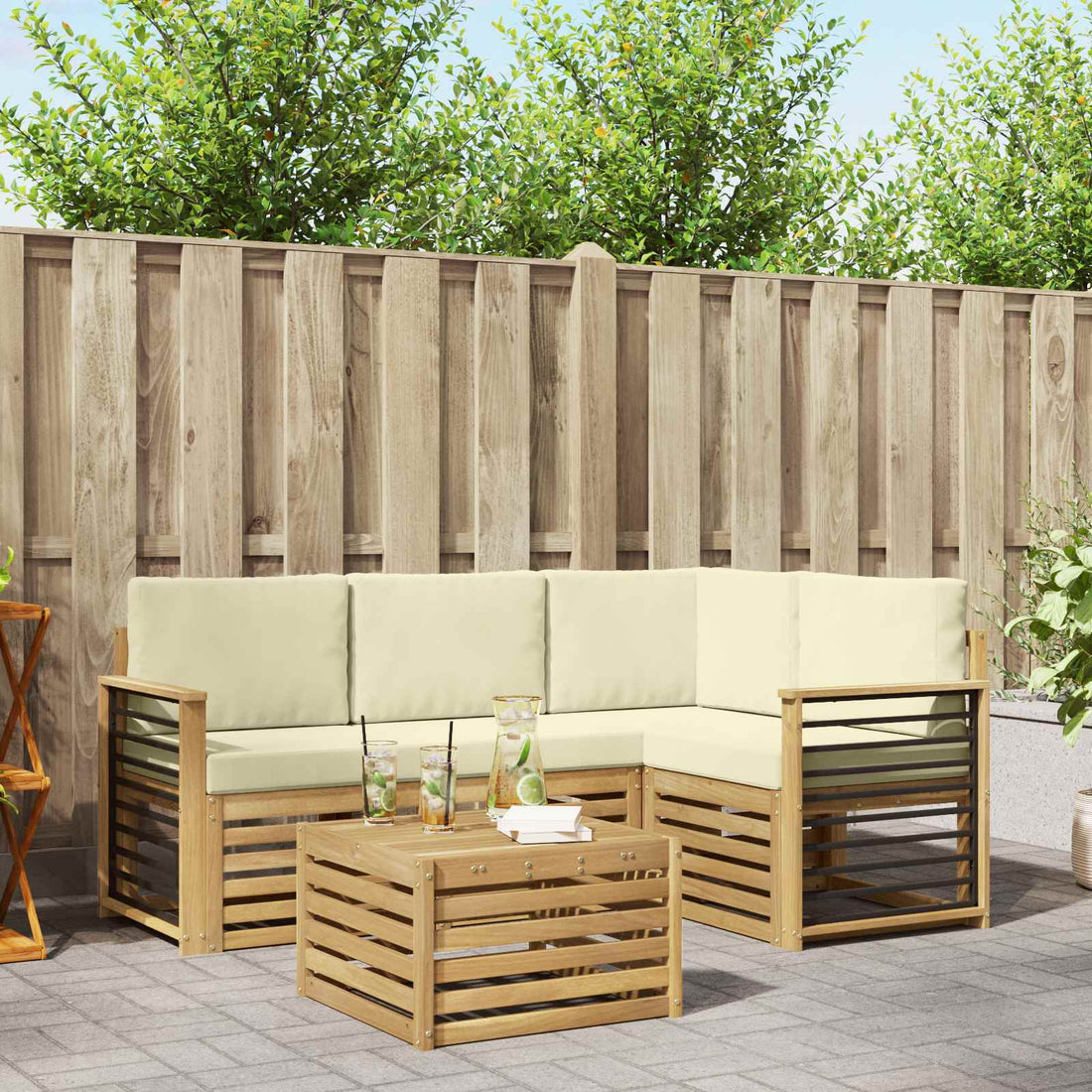 vidaXL Conjunto de sofás de exterior 5 uds. Blanco y Crema Poliéster