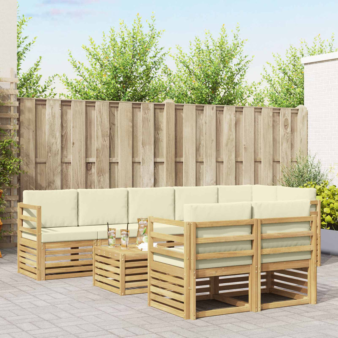 vidaXL Conjunto de sofás de exterior 9 uds. Blanco y Crema Poliéster