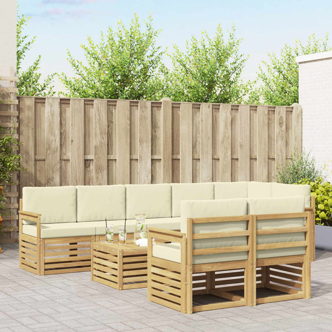 vidaXL Conjunto de sofás de exterior 9 uds. Blanco y Crema Poliéster
