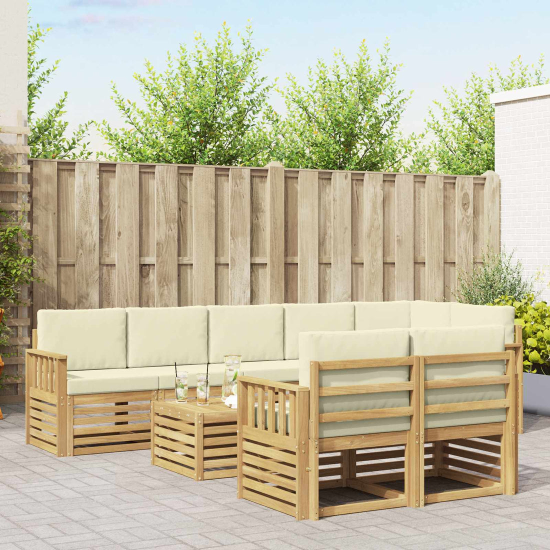 vidaXL Conjunto de sofás de exterior 9 uds. Blanco y Crema Poliéster
