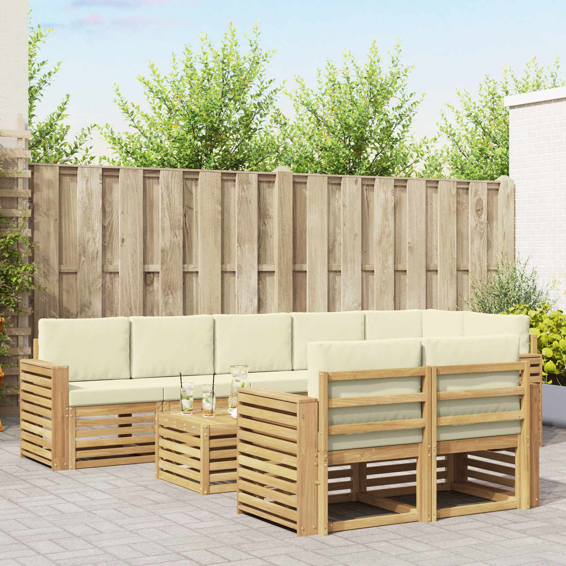 vidaXL Conjunto de sofás de exterior 9 uds. Blanco y Crema Poliéster