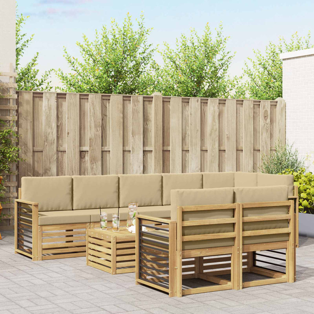 vidaXL Conjunto de sofás de exterior 9 uds. y Beige Poliéster