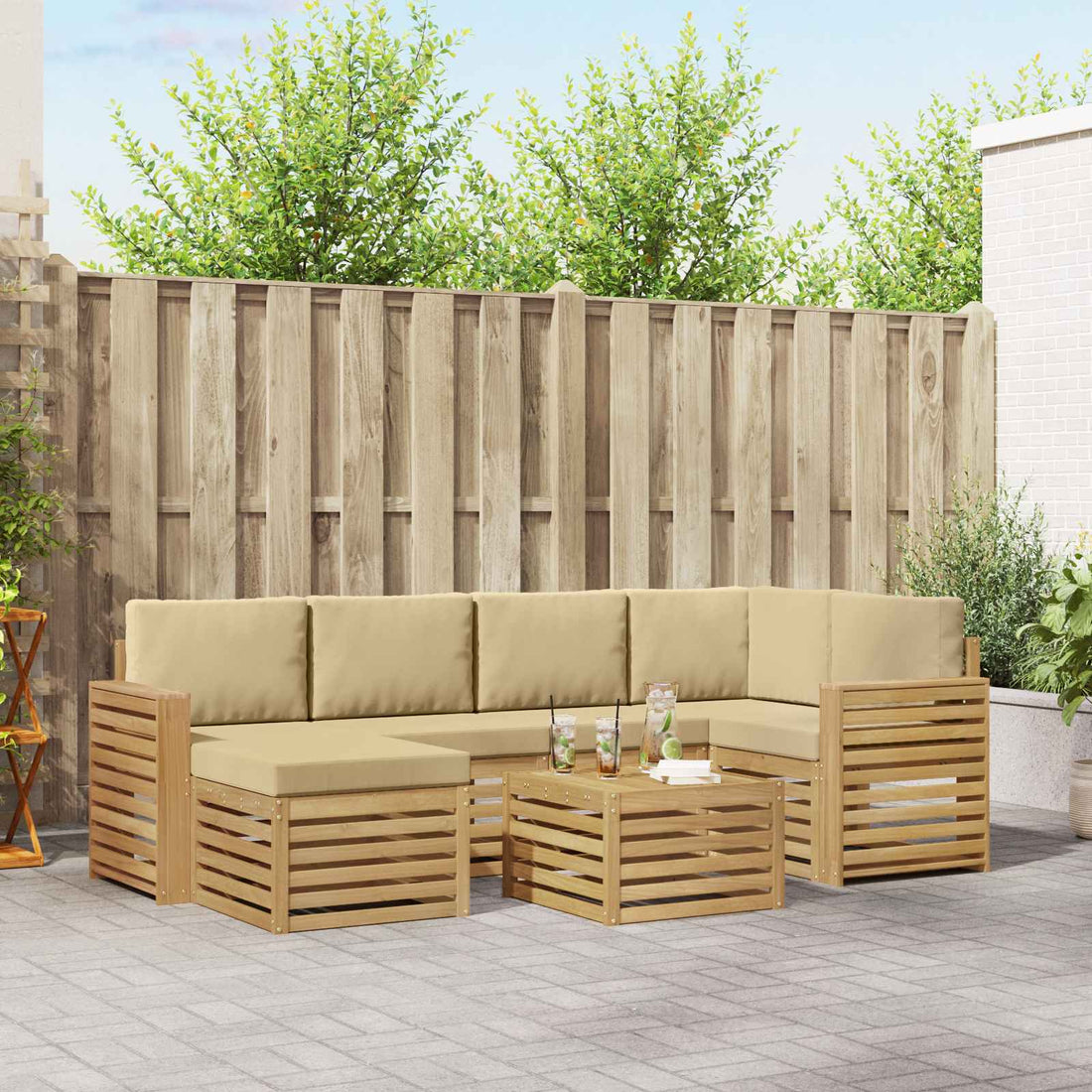 vidaXL Conjunto de sofás de exterior 7 uds. y Beige Poliéster