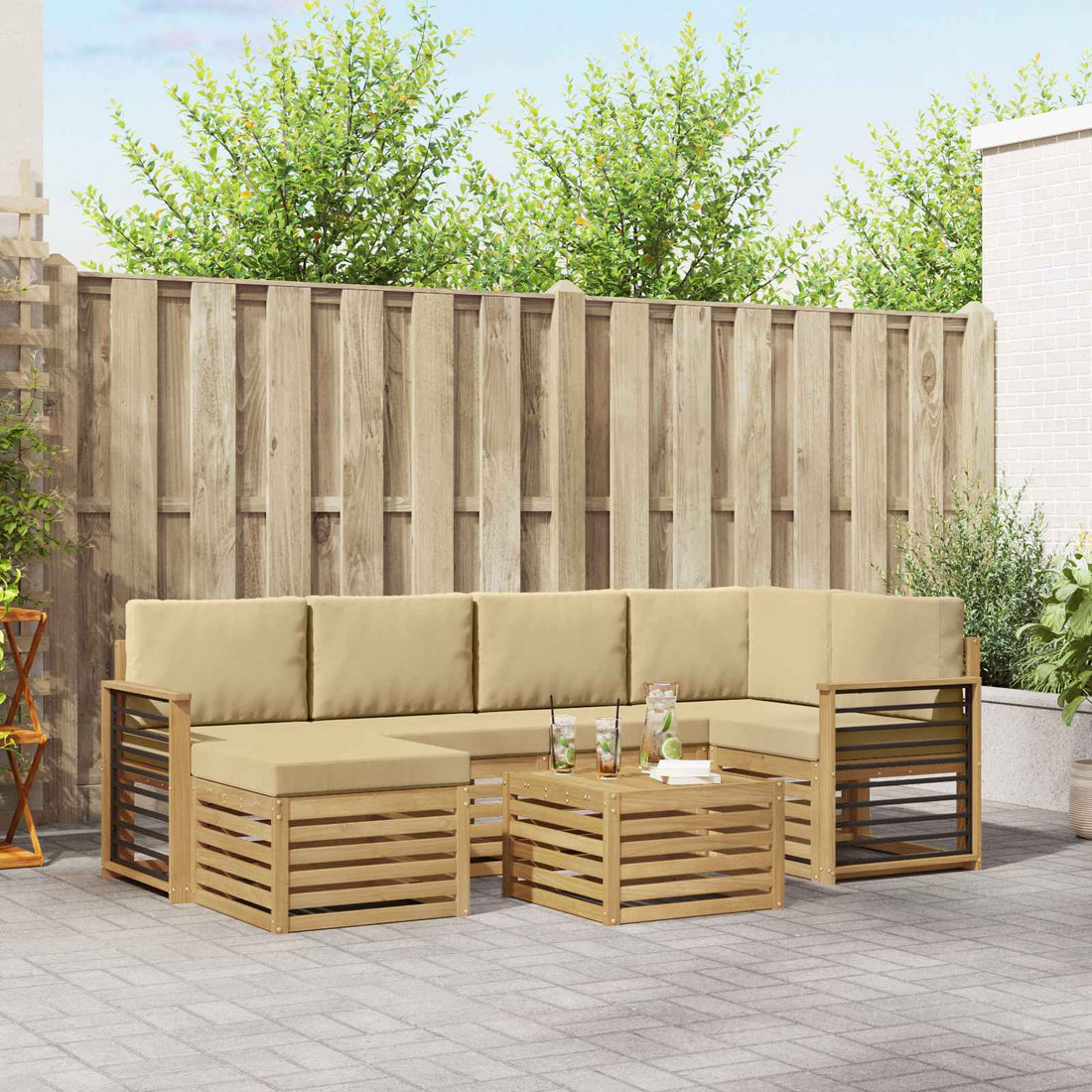 vidaXL Conjunto de sofás de exterior 7 uds. y Beige Poliéster