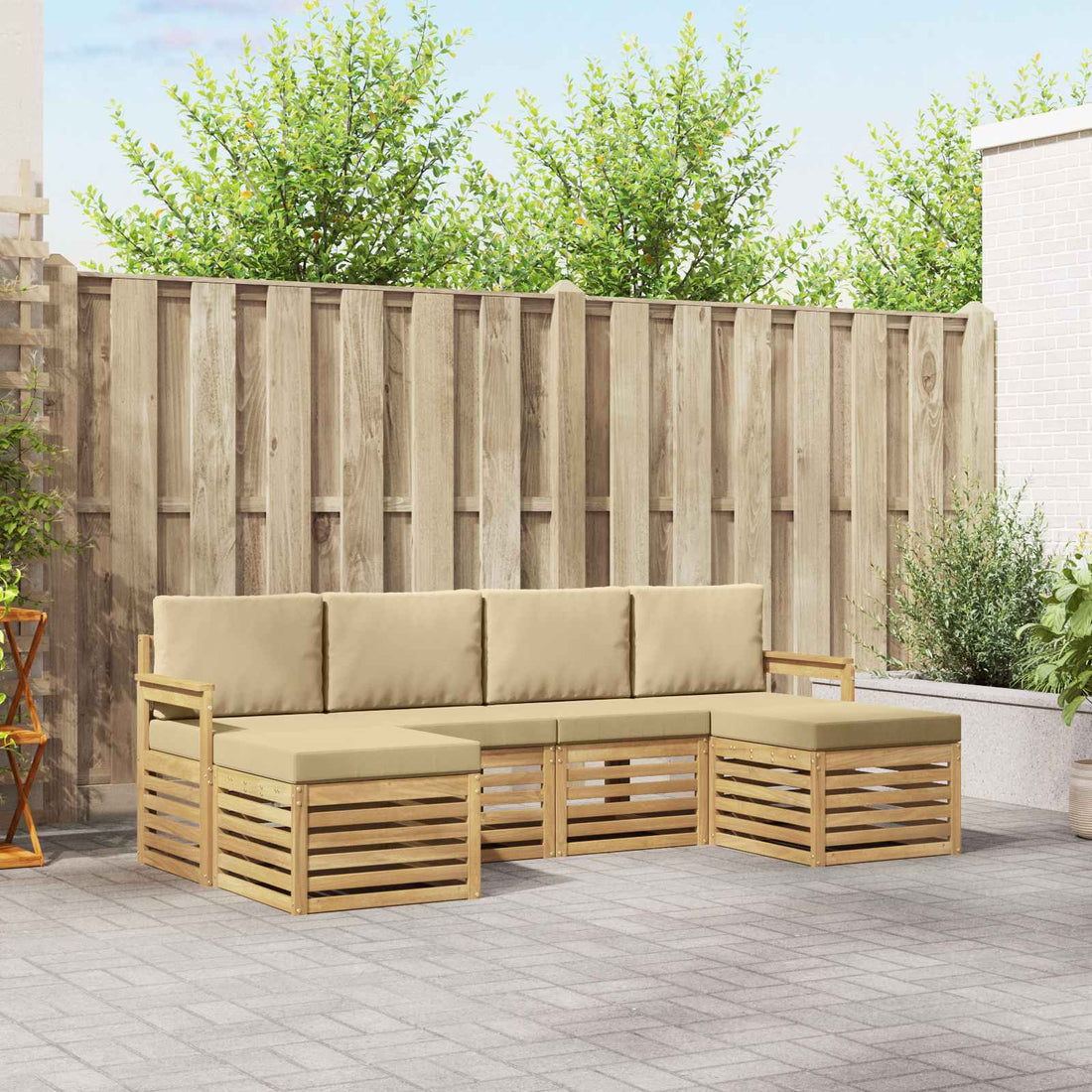 vidaXL Conjunto de sofás de exterior 5 uds. Blanco y Beige Poliéster