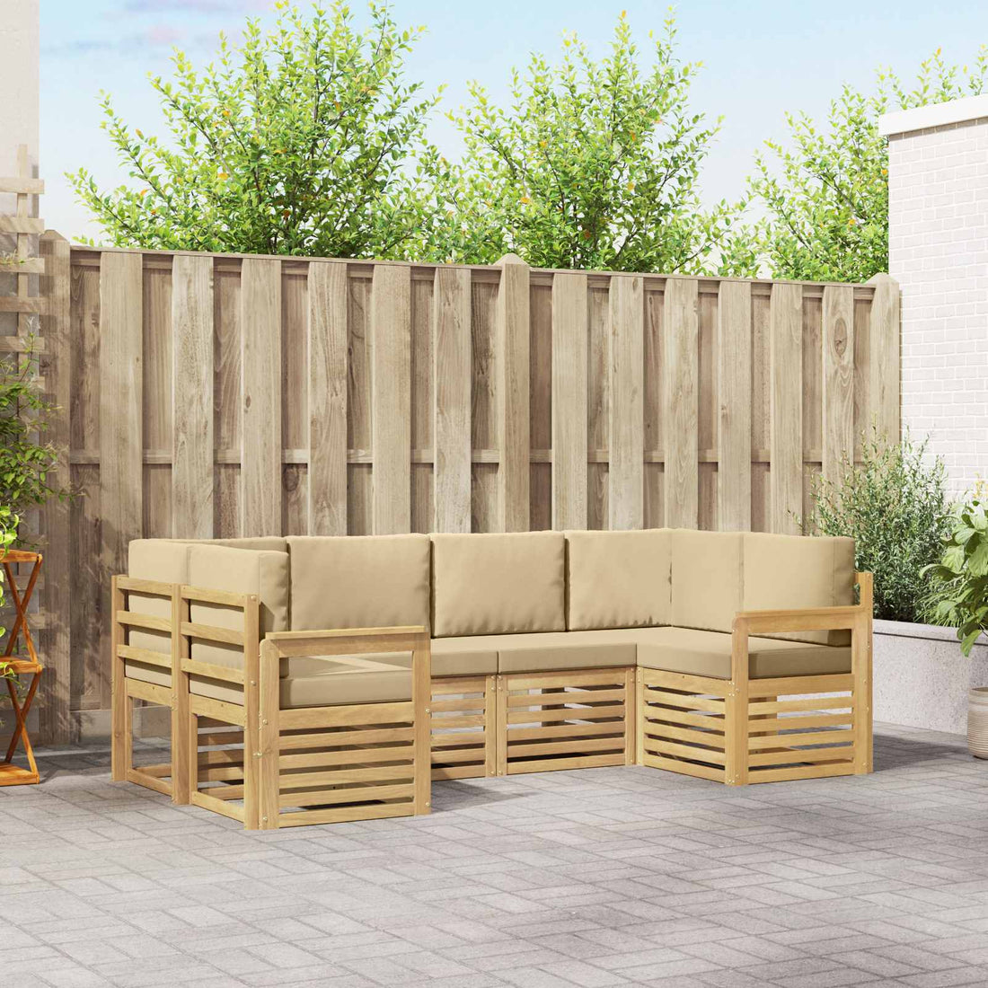 vidaXL Conjunto de sofás de exterior 5 uds. Blanco y Beige Poliéster