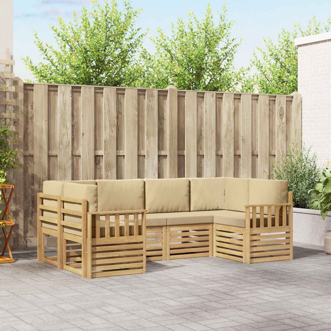 vidaXL Conjunto de sofás de exterior 5 uds. Blanco y Beige Poliéster