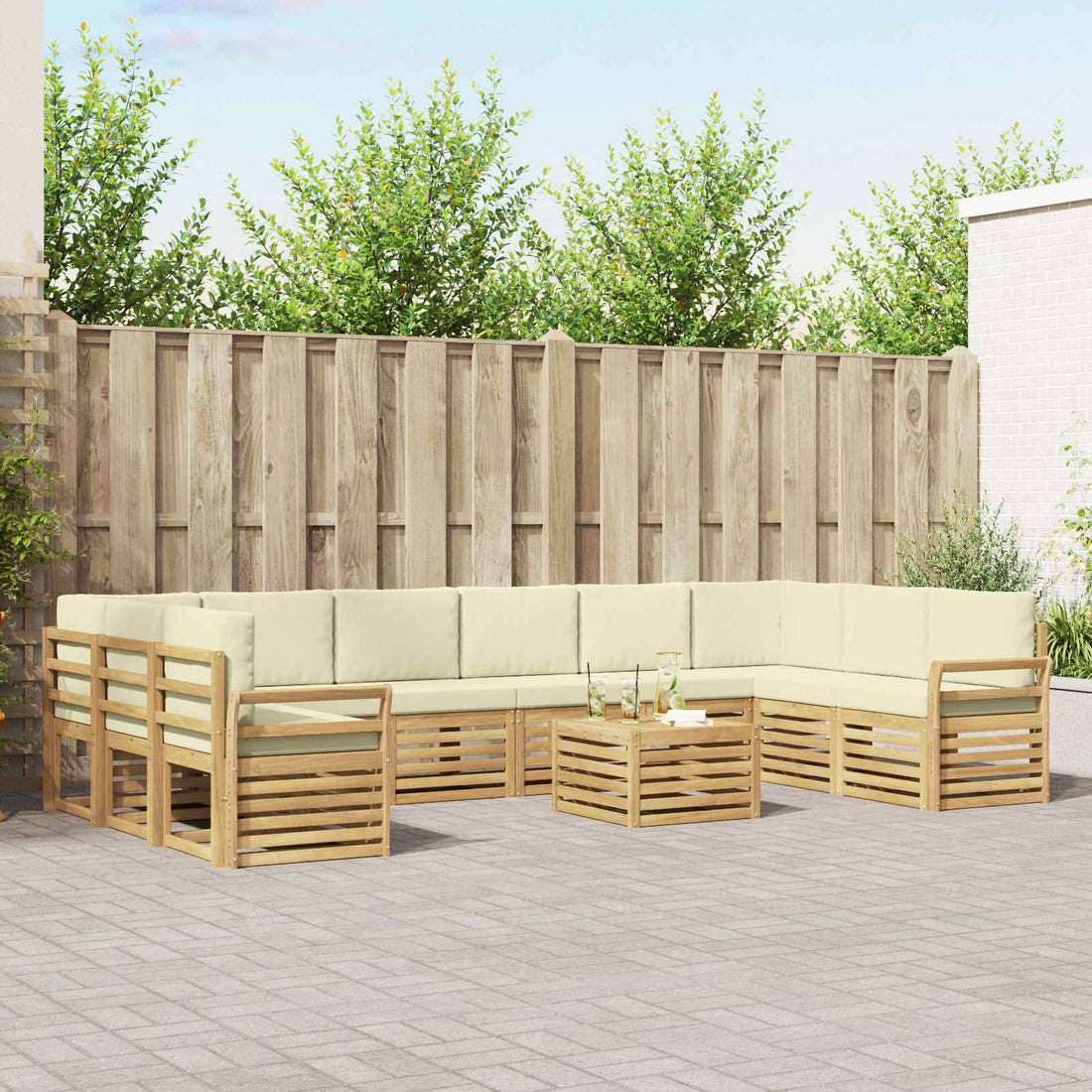 vidaXL Conjunto de sofás de exterior 11 uds. Blanco y Crema Poliéster