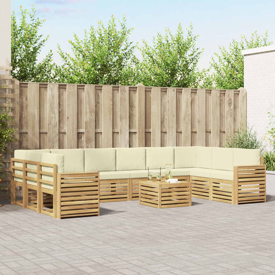 vidaXL Conjunto de sofás de exterior 11 uds. Blanco y Crema Poliéster
