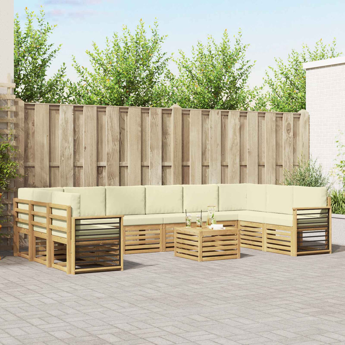 vidaXL Conjunto de sofás de exterior 11 uds. Blanco y Crema Poliéster