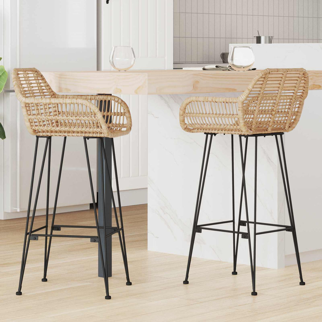vidaXL Silla de Bar 2 uds. Natural 55 x 52 x 105 cm Ratan e Hierro