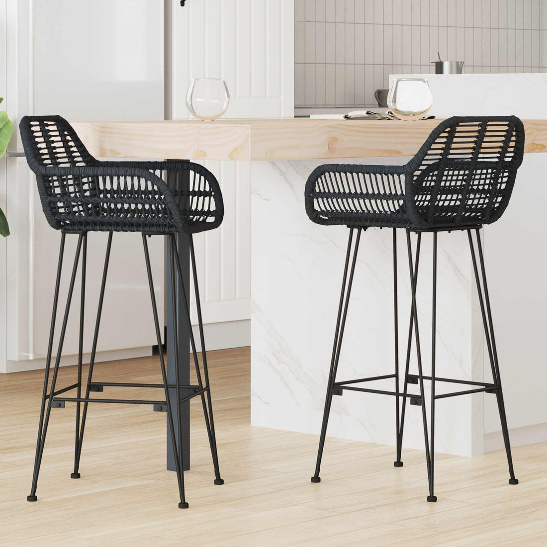 vidaXL Silla de Bar 2 uds. Negro 55 x 52 x 105 cm Ratan e Hierro
