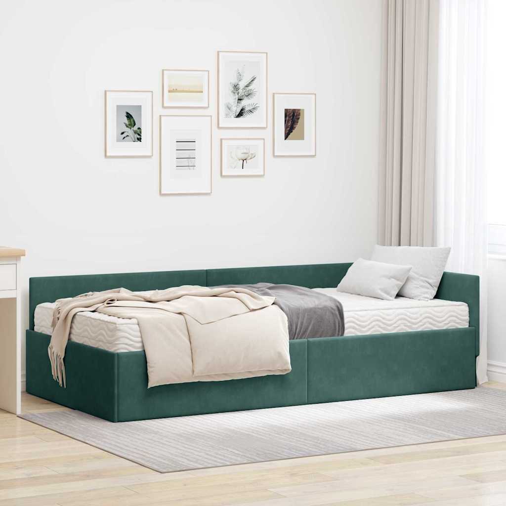 vidaXL Estructura de Cama Esquina con Colchón 2 uds. Verde oscuro