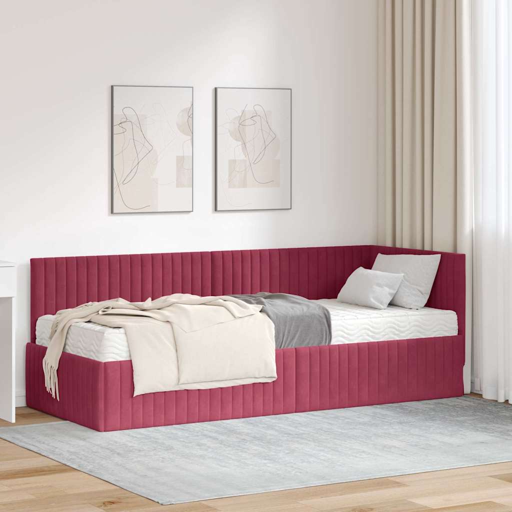 vidaXL Estructura de Cama Esquina con Colchón 2 uds. Rojo vino