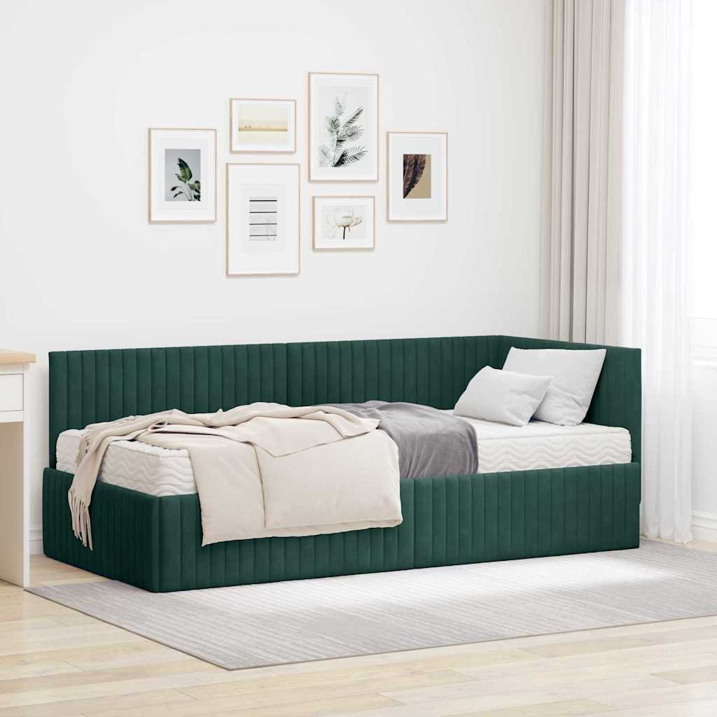 vidaXL Estructura de Cama Esquina con Colchón 2 uds. Verde oscuro