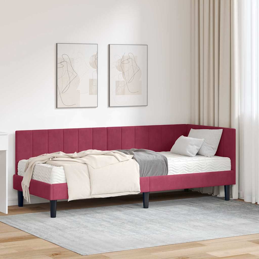 vidaXL Estructura de Cama Esquina con Colchón 2 uds. Rojo vino