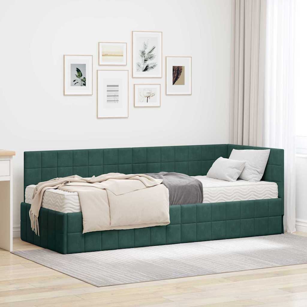 vidaXL Estructura de Cama Esquina con Colchón 2 uds. Verde oscuro