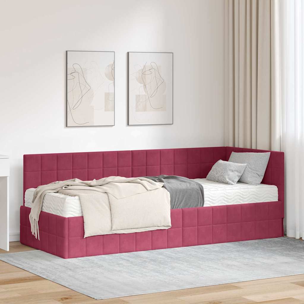 vidaXL Estructura de Cama Esquina con Colchón 2 uds. Rojo vino