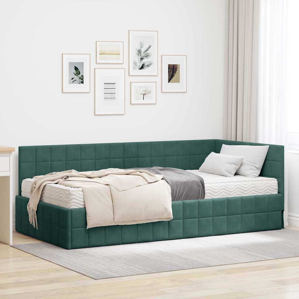 vidaXL Estructura de Cama Esquina con Colchón 2 uds. Verde oscuro