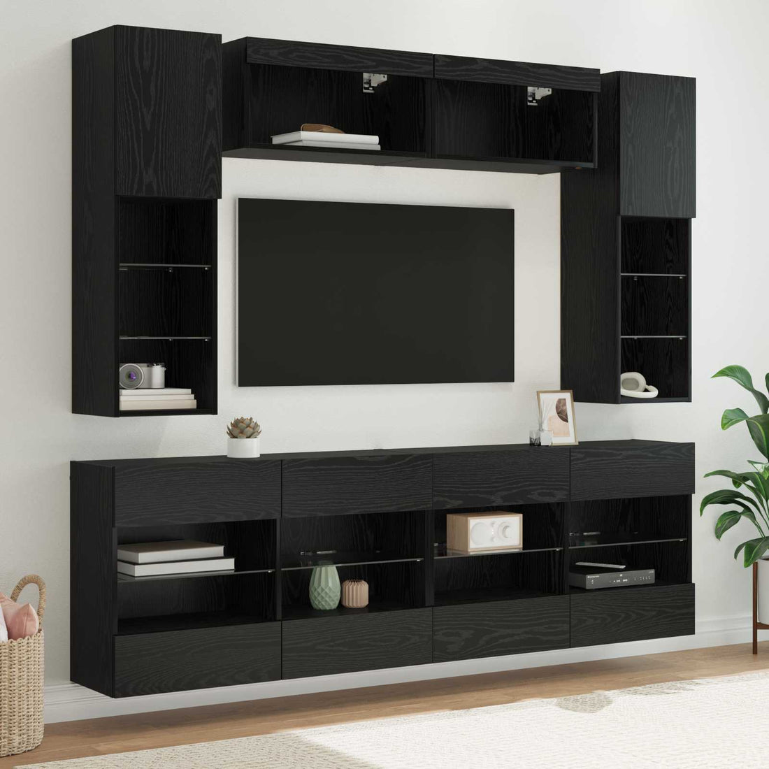 vidaXL Conjunto de mueble para TV de pared con LED 6 pcs Roble Negro