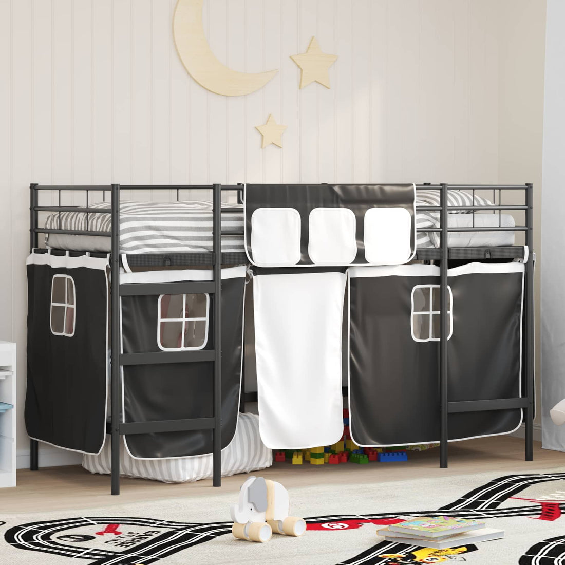vidaXL Cama litera para niños con cortinas Liso Negro 100 x 190 cm