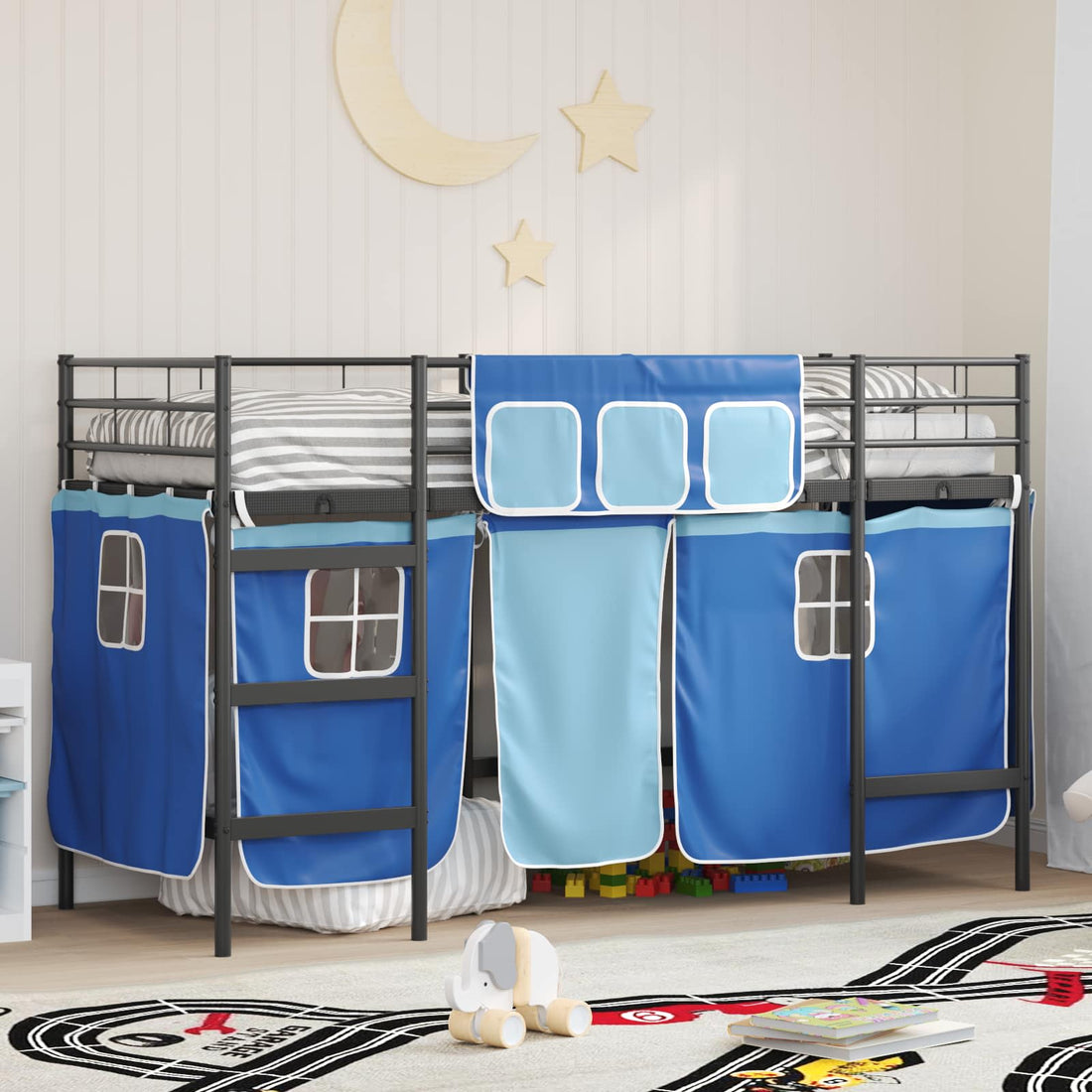 vidaXL Cama litera para niños con cortinas Negro y azul 75 x 190 cm